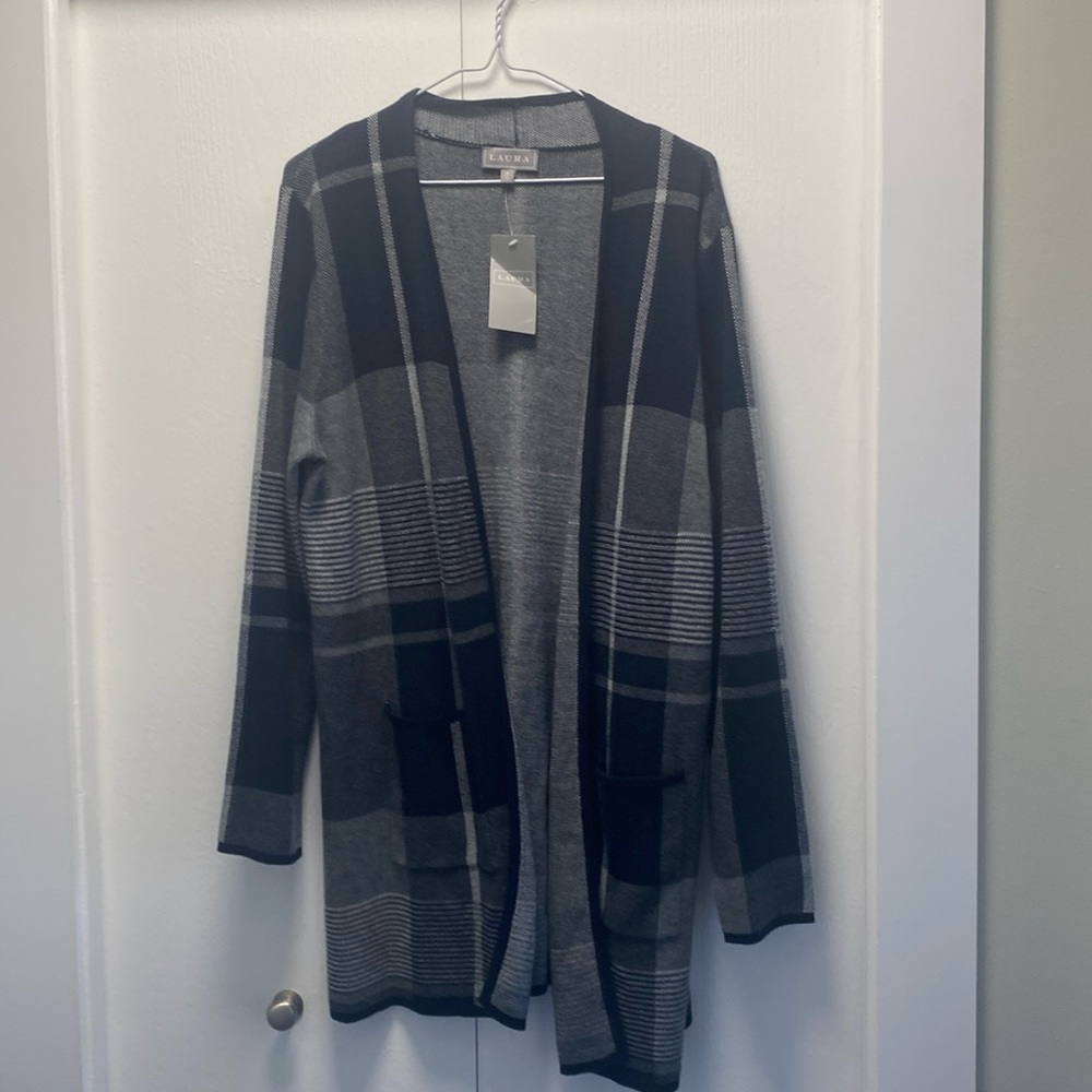 LAURA Black & Gray Plaid Open-Front Cardigan